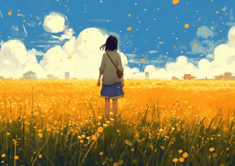 金黄稻田女孩人物蓝天白云风景手绘,插画/手绘图,插画/手绘图库,插画/手绘图下载,插画/手绘